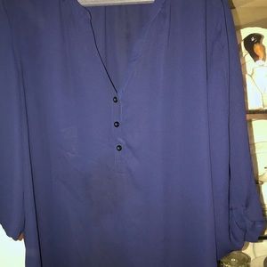 SOHO 2X silky navy top 3/4 shirred sleeves semi sheer v-neck